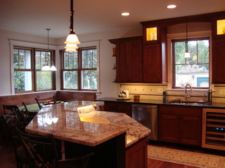 Gorgeous two story kitchen, granite countertops, pendant lighting, blue  mosaic backsplash tile, g…