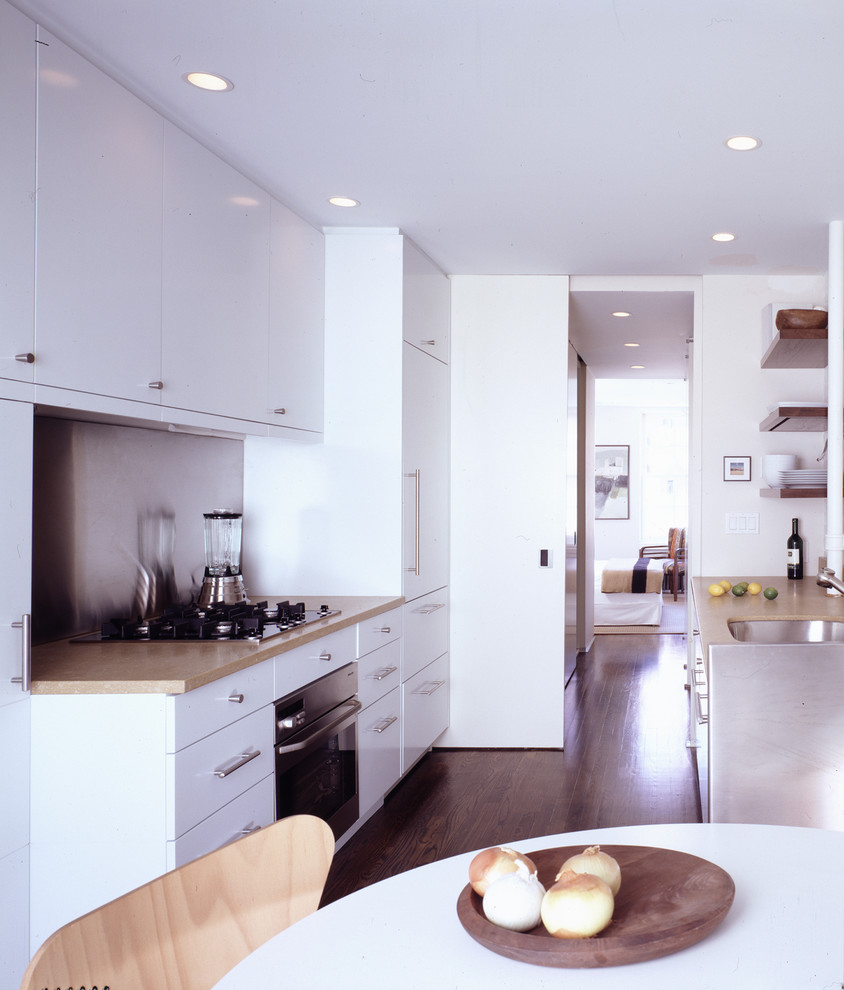 Zweizeilige Moderne Küche mit Elektrogeräten mit Frontblende in New York