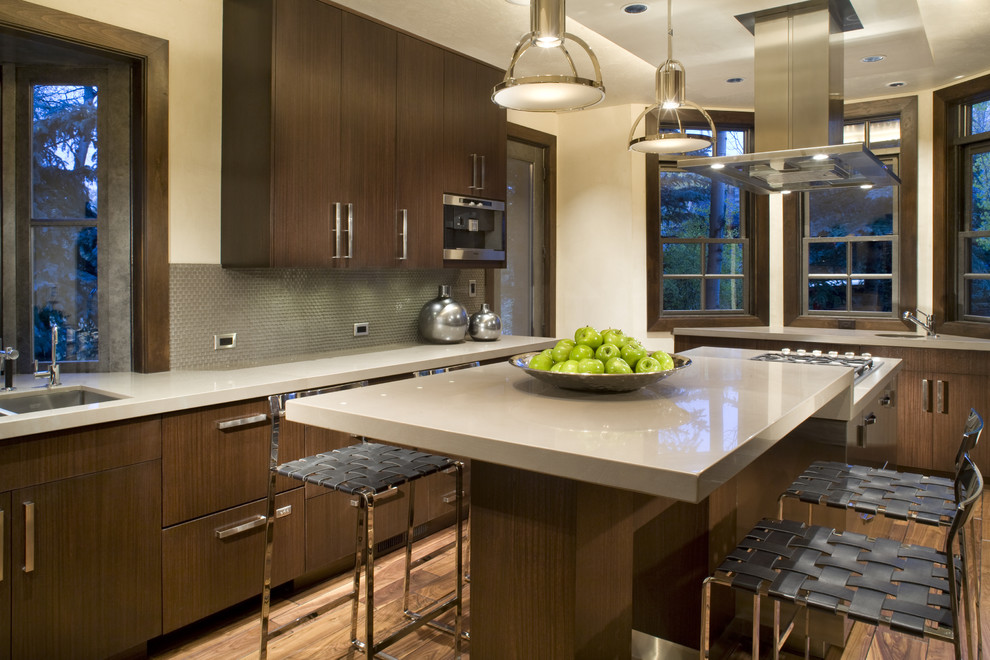 Kitchen - contemporary kitchen idea in Denver with flat-panel cabinets and dark wood cabinets
