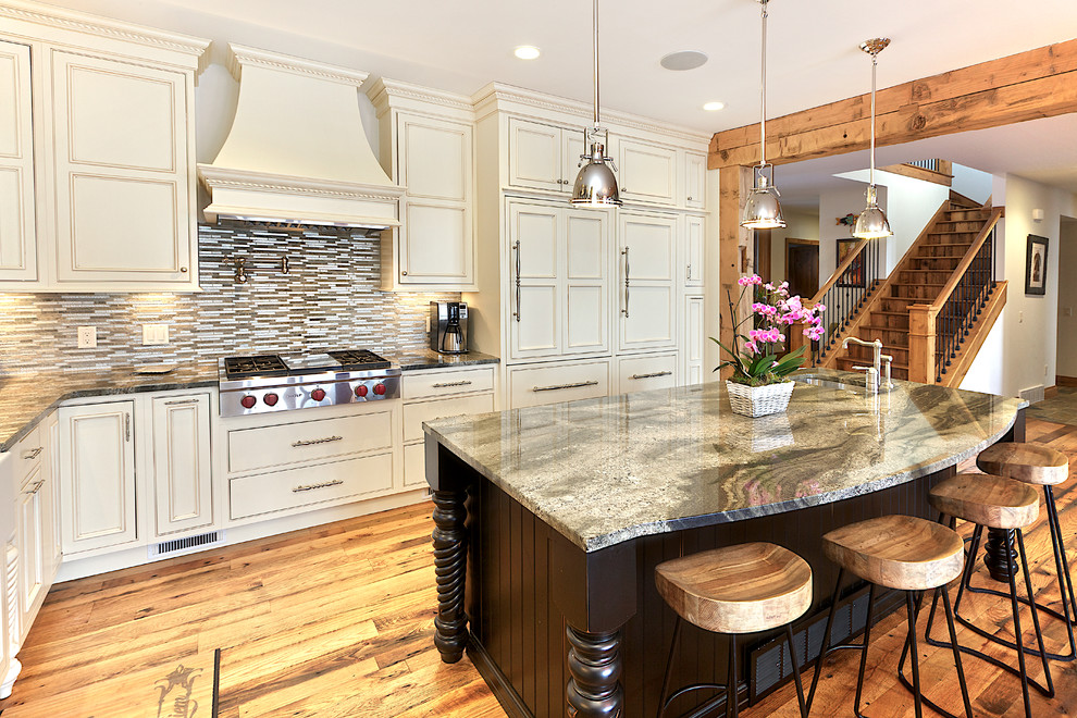 Mountain style kitchen photo in Other with recessed-panel cabinets, white cabinets, multicolored backsplash and matchstick tile backsplash