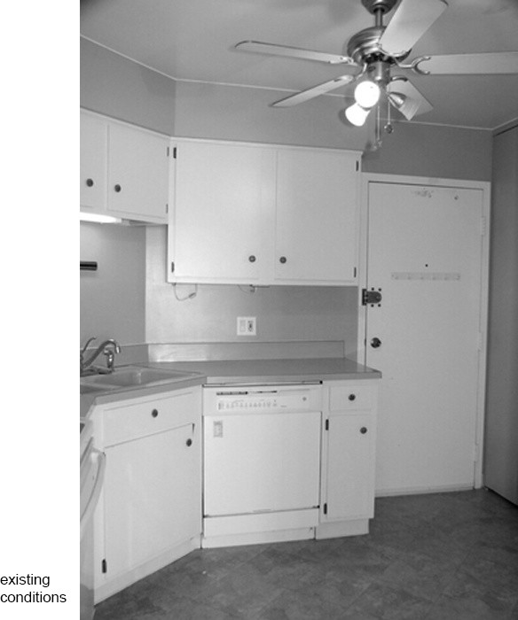 Exempel på ett litet modernt kök, med en undermonterad diskho, släta luckor, vita skåp, bänkskiva i koppar, gult stänkskydd, stänkskydd i keramik, vita vitvaror och mörkt trägolv