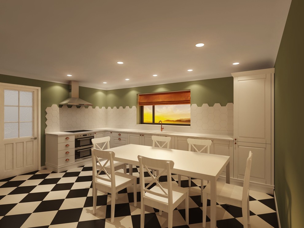 Diseño de cocina comedor de estilo de casa de campo de tamaño medio con puertas de armario blancas, encimera de cuarcita, salpicadero blanco y encimeras blancas