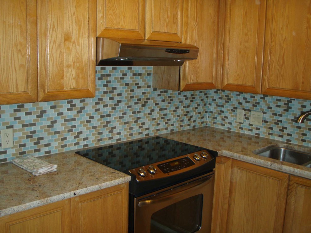 Kitchen redesign with new granite and beach glass tile backsplash ...