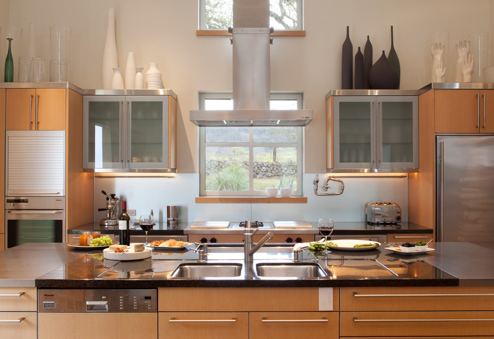 Идея дизайна: кухня в современном стиле с стеклянными фасадами и техникой из нержавеющей стали