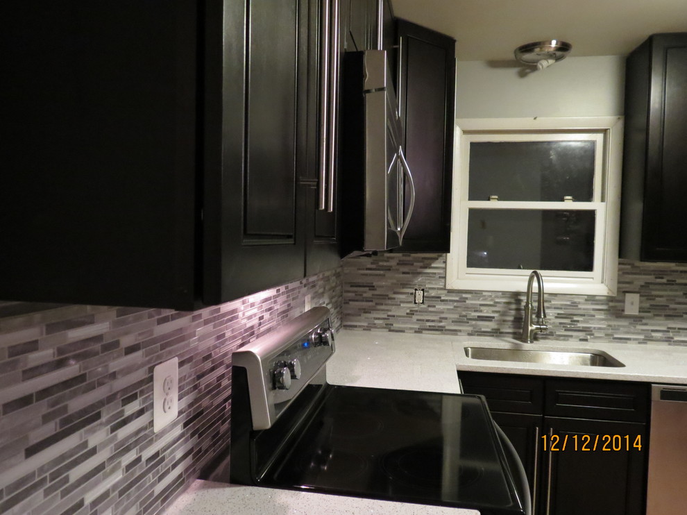 Example of a small minimalist galley light wood floor eat-in kitchen design in DC Metro with an undermount sink, shaker cabinets, dark wood cabinets, quartzite countertops, gray backsplash, glass sheet backsplash, stainless steel appliances and no island