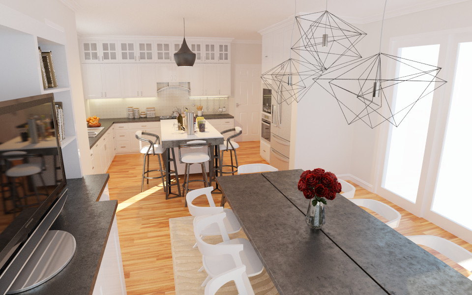 Aménagement d'une cuisine moderne avec des portes de placard blanches, un plan de travail en inox et parquet clair.