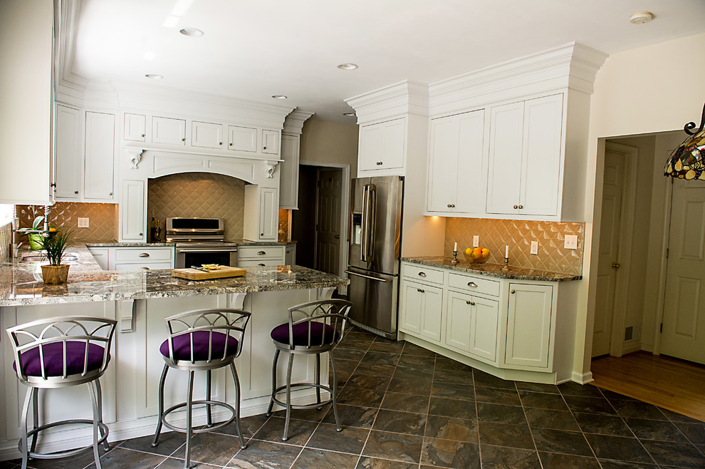 Example of a mid-sized trendy u-shaped porcelain tile eat-in kitchen design in Wilmington with a double-bowl sink, beaded inset cabinets, white cabinets, granite countertops, green backsplash, ceramic backsplash and stainless steel appliances