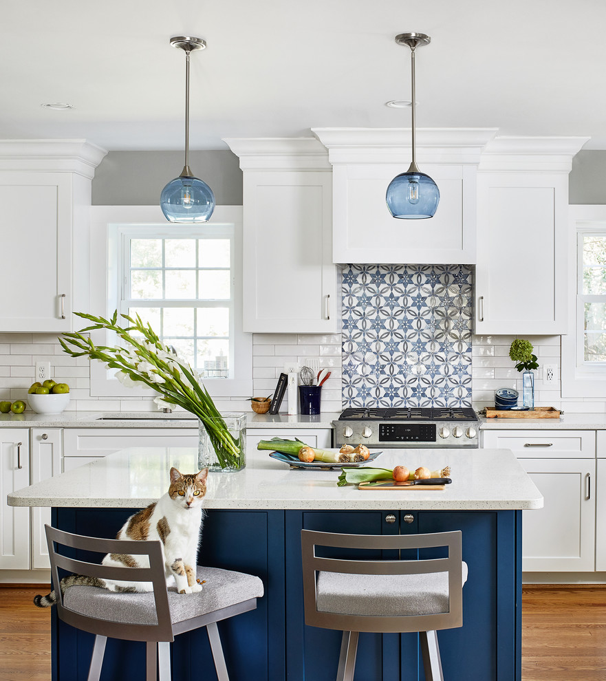 Mittelgroße Klassische Küche mit weißen Schränken, Küchengeräten aus Edelstahl, braunem Holzboden und Kücheninsel in Washington, D.C.