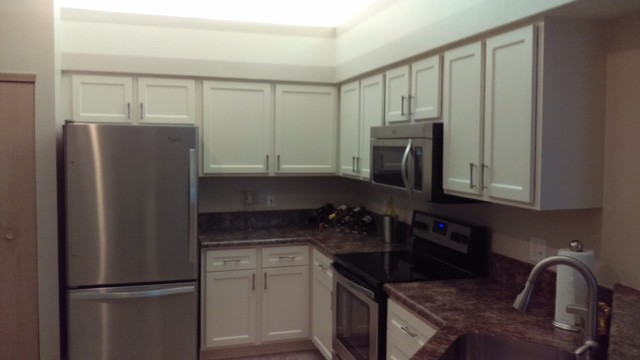 Immagine di una cucina minimal di medie dimensioni con ante bianche e elettrodomestici in acciaio inossidabile