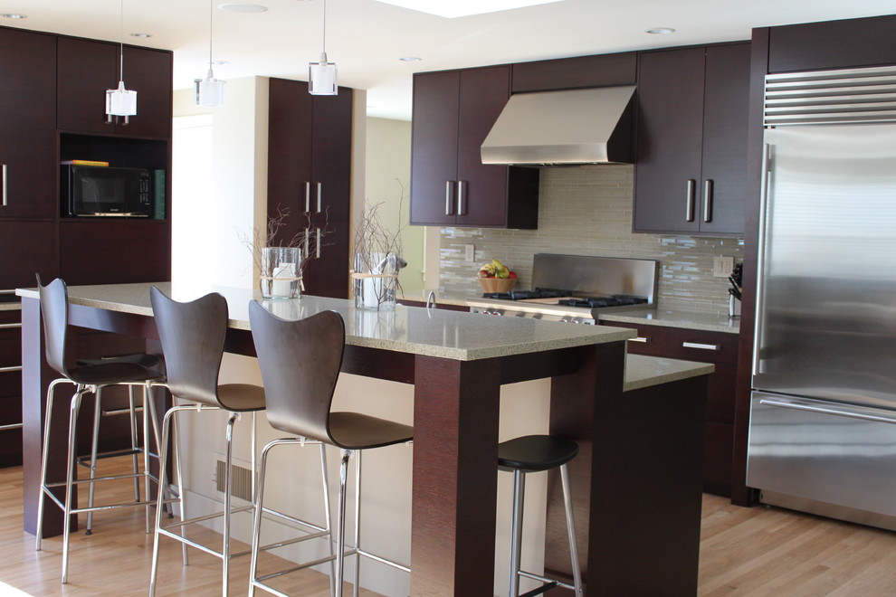 Example of a trendy galley kitchen design in Boston with stainless steel appliances, flat-panel cabinets, dark wood cabinets and glass tile backsplash