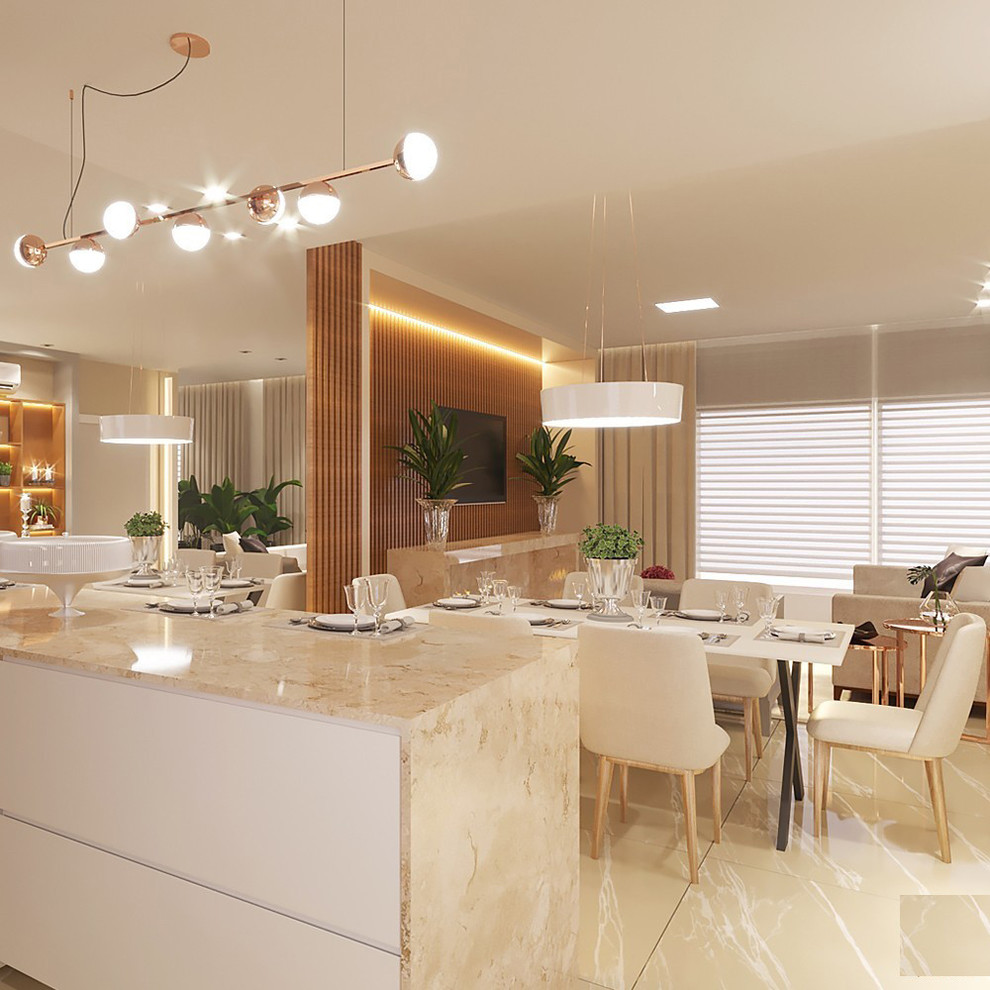 Immagine di un cucina con isola centrale minimal con ante lisce, ante bianche, top in marmo, pavimento bianco e top beige