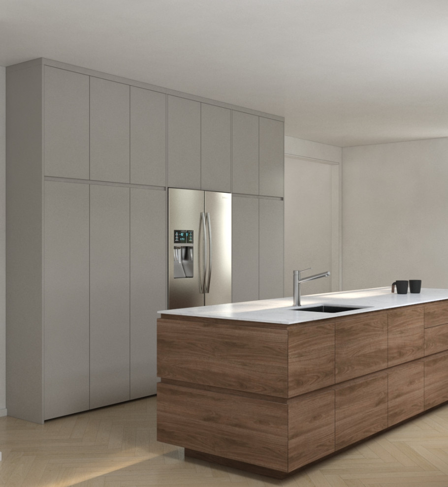 This is an example of a medium sized scandi galley enclosed kitchen with a submerged sink, flat-panel cabinets, medium wood cabinets, marble worktops, stainless steel appliances, light hardwood flooring, an island and white worktops.
