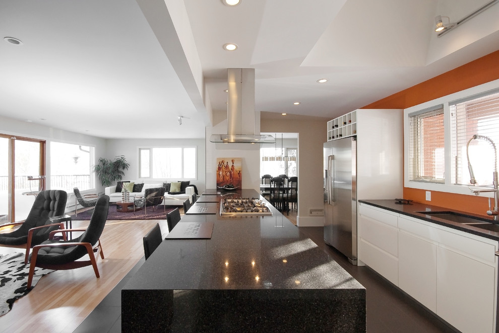 Свежая идея для дизайна: параллельная кухня-гостиная в современном стиле с двойной мойкой, столешницей из кварцевого агломерата и акцентной стеной - отличное фото интерьера