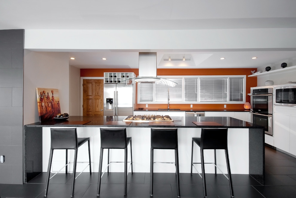 Example of a trendy galley kitchen design in Other with stainless steel appliances, flat-panel cabinets, white cabinets and quartz countertops