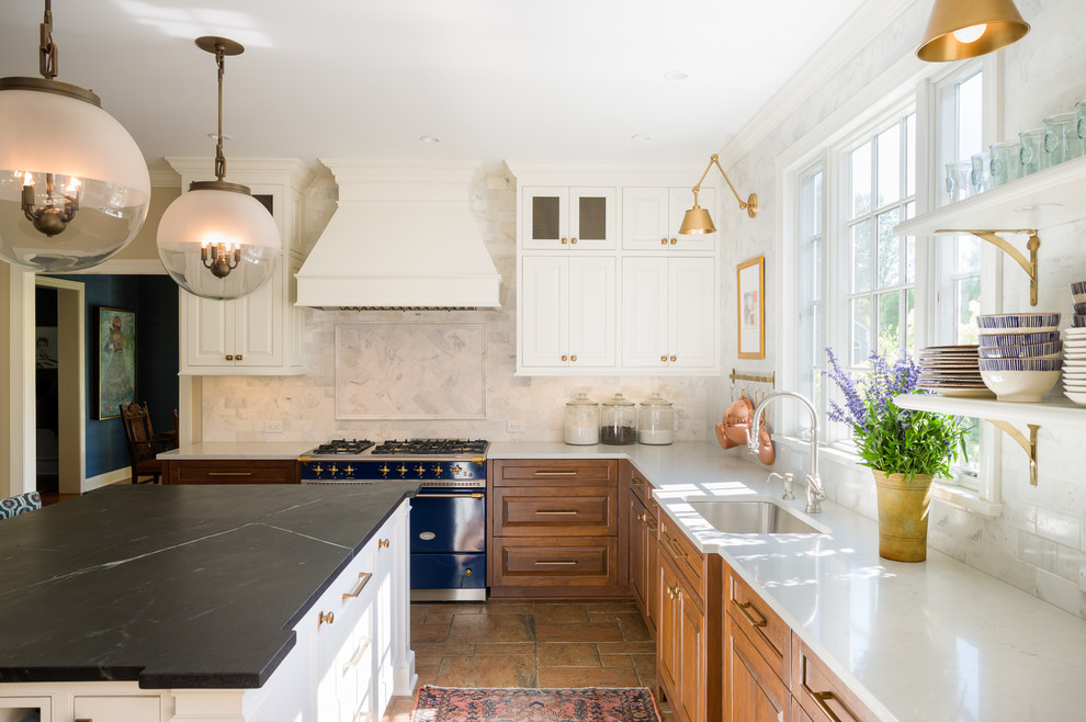 Large transitional l-shaped ceramic tile eat-in kitchen photo in New York with an undermount sink, beaded inset cabinets, medium tone wood cabinets, soapstone countertops, white backsplash, subway tile backsplash, colored appliances and an island