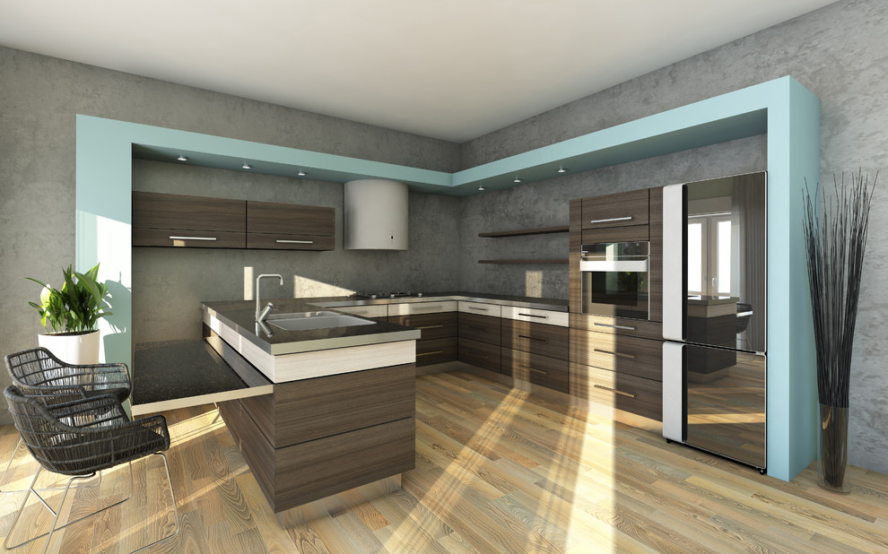 Immagine di una cucina minimalista di medie dimensioni con ante lisce, ante in legno bruno, top in superficie solida e elettrodomestici in acciaio inossidabile