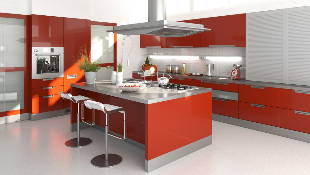 Photo of a large modern l-shaped kitchen pantry in Vancouver with flat-panel cabinets, red cabinets, composite countertops, white splashback, glass tiled splashback, stainless steel appliances, lino flooring and an island.