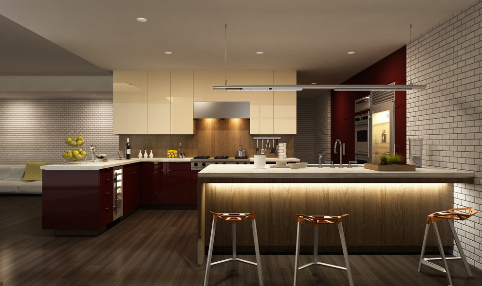 Mittelgroße Moderne Küche in L-Form mit Vorratsschrank, flächenbündigen Schrankfronten, Mineralwerkstoff-Arbeitsplatte, schwarzen Elektrogeräten und Kücheninsel in Vancouver
