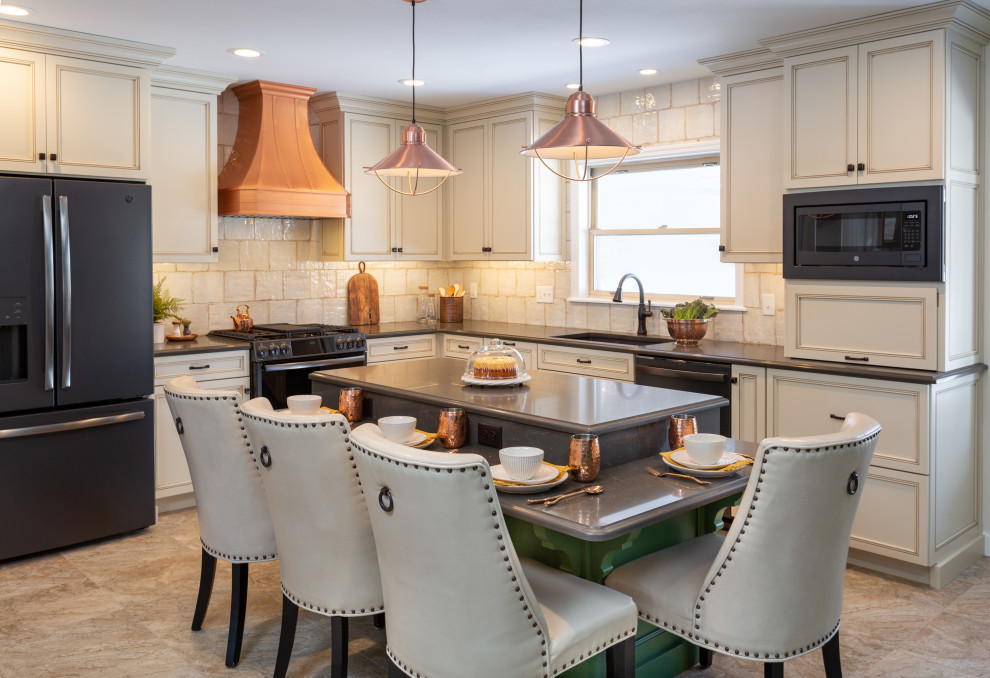Inspiration for a mid-sized timeless l-shaped vinyl floor and multicolored floor eat-in kitchen remodel in St Louis with an undermount sink, flat-panel cabinets, beige cabinets, quartz countertops, beige backsplash, ceramic backsplash, stainless steel appliances, an island and gray countertops