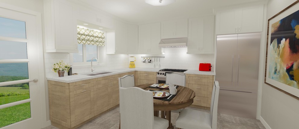 Eat-in kitchen - mid-sized contemporary l-shaped ceramic tile and gray floor eat-in kitchen idea in Montreal with a double-bowl sink, yellow cabinets, quartzite countertops, yellow backsplash, porcelain backsplash, stainless steel appliances, no island and white countertops