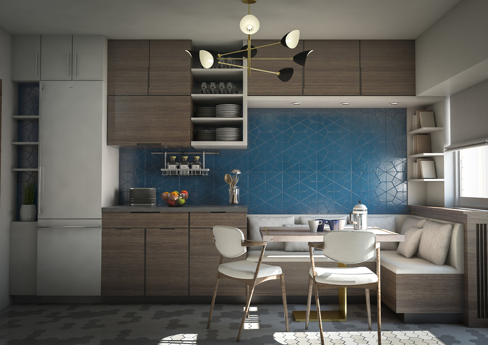 This is an example of a medium sized modern galley enclosed kitchen in Other with a single-bowl sink, beaded cabinets, dark wood cabinets, concrete worktops, blue splashback, ceramic splashback, black appliances, ceramic flooring and no island.