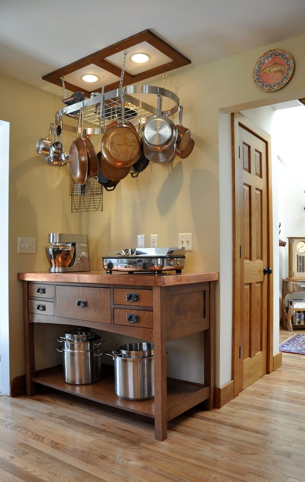 Example of an arts and crafts kitchen design in New York with copper countertops
