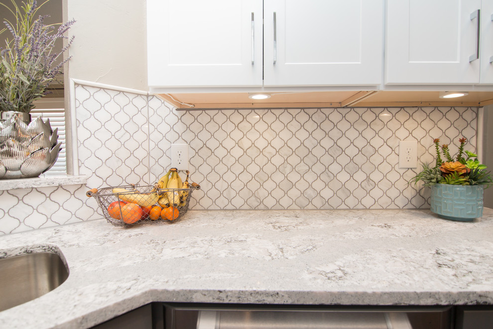 Kitchen Two Tone Cabinets Cambria Quartz Arabesque Marble Backsplash Transitional Kitchen Dallas By Wreedone Re Done