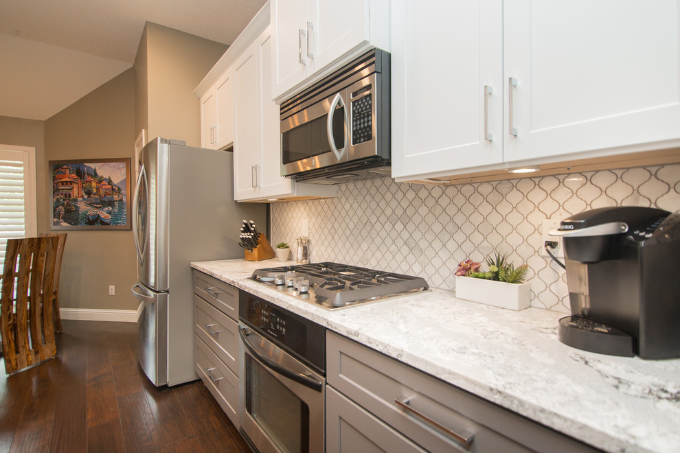 Kitchen Two Tone Cabinets Cambria Quartz Arabesque Marble Backsplash Transitional Kitchen Dallas By Wreedone Re Done Houzz
