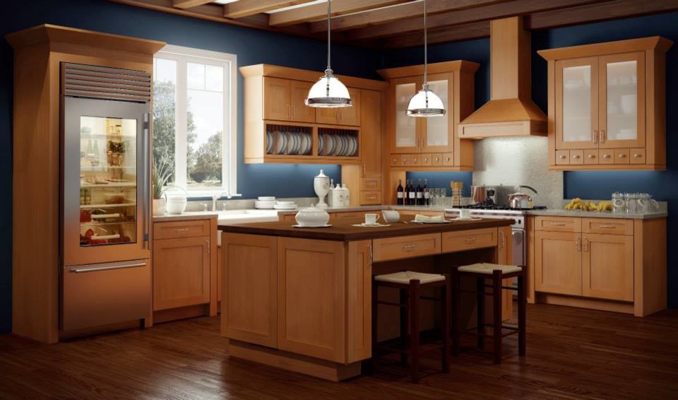 Rustikale Küche mit Landhausspüle, Schrankfronten im Shaker-Stil, hellen Holzschränken, Granit-Arbeitsplatte, Küchengeräten aus Edelstahl, dunklem Holzboden und Kücheninsel in Boston