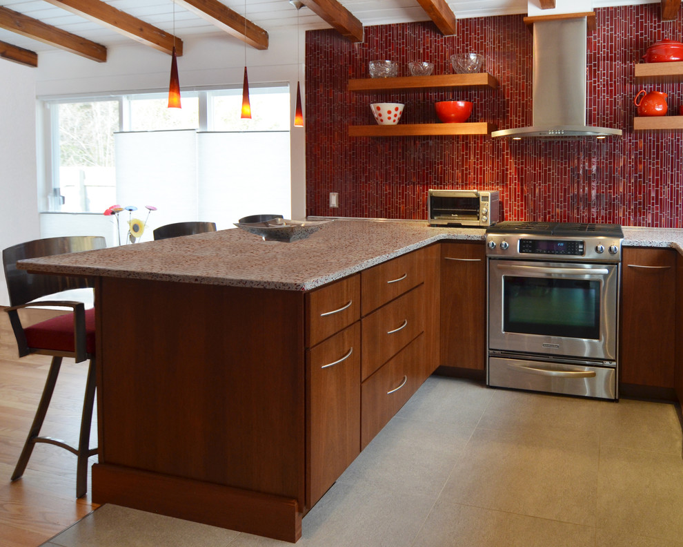 他の地域にあるコンテンポラリースタイルのおしゃれなキッチン (赤いキッチンパネル、シルバーの調理設備) の写真