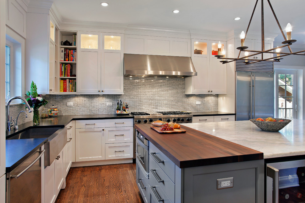 Design ideas for a contemporary kitchen in Chicago with a belfast sink.