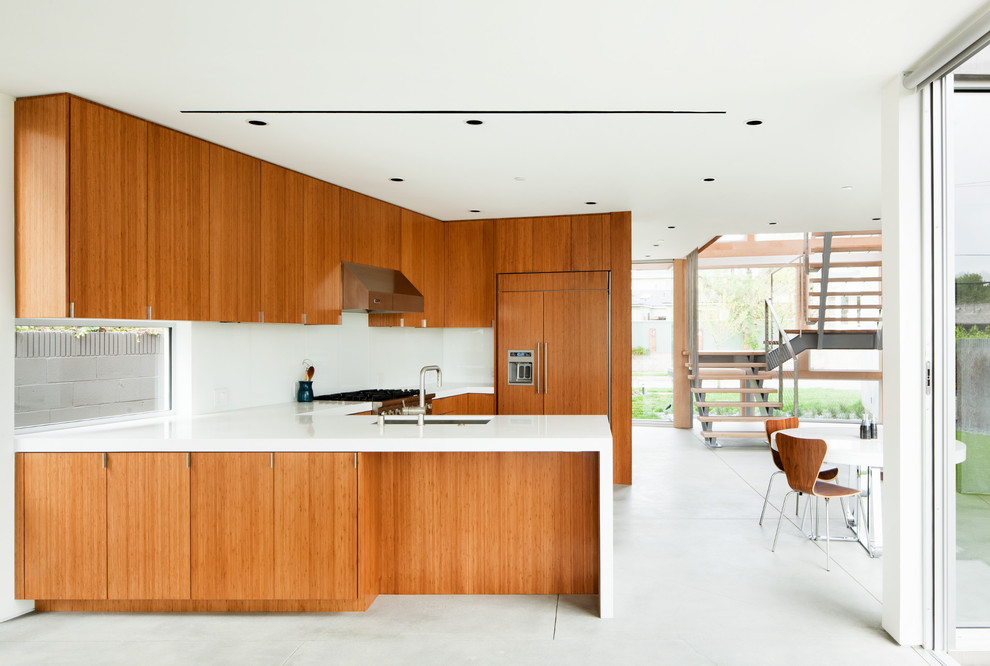 Imagen de cocina comedor minimalista con armarios con paneles lisos, puertas de armario de madera oscura y electrodomésticos con paneles