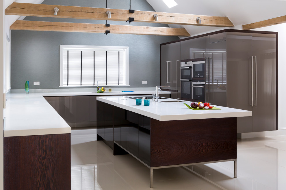 Design ideas for a contemporary u-shaped kitchen in Cambridgeshire with flat-panel cabinets, grey cabinets and an island.