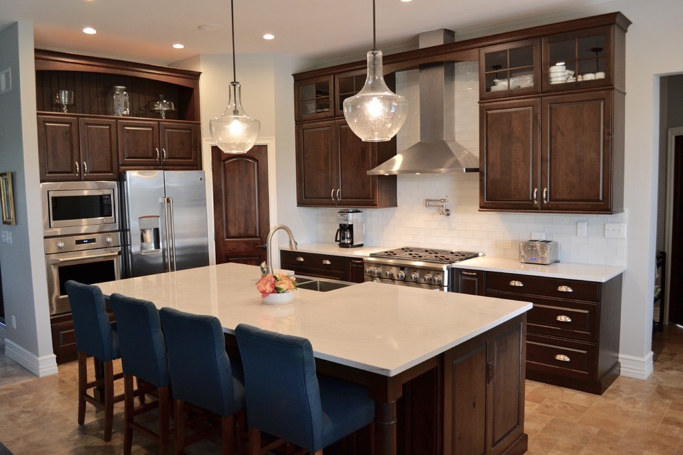 Kitchen With Dark Cabinets White Countertops And White Subway Tile Backsplash Transitional Kitchen Boston By Columbia Cabinets Houzz