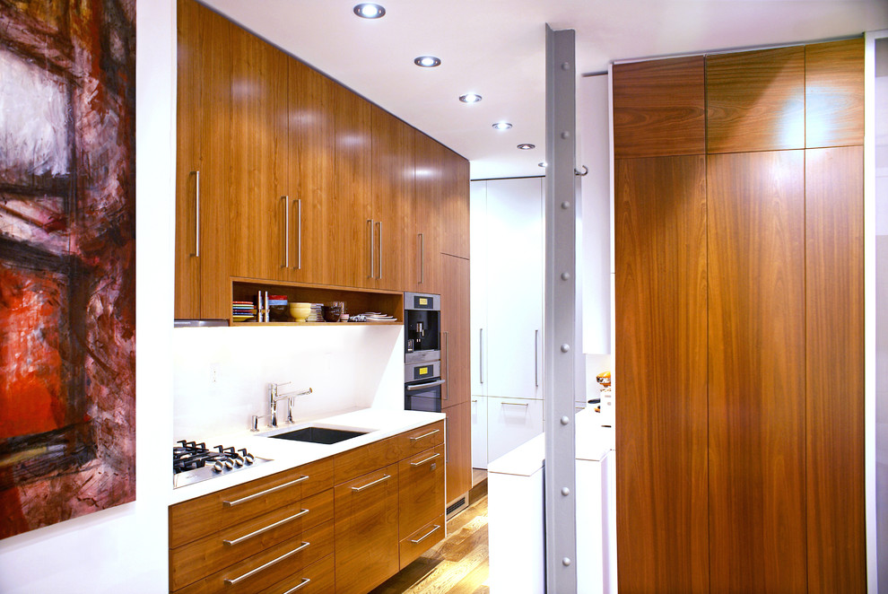 Photo of a small modern galley kitchen in New York with flat-panel cabinets and light wood cabinets.