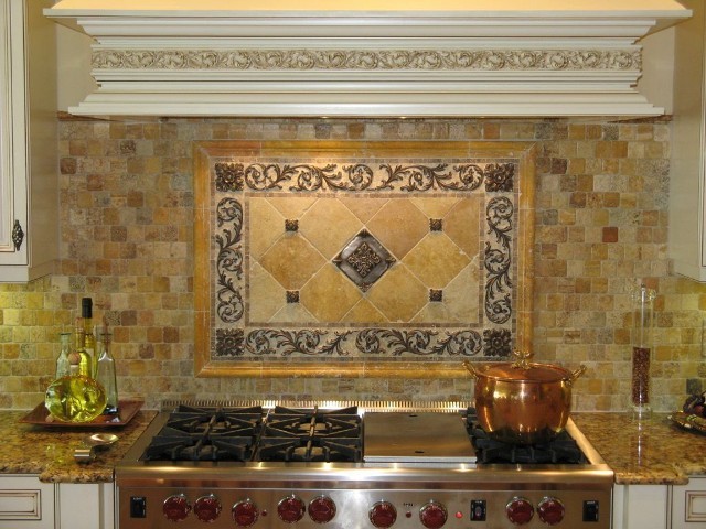 Example of a tuscan u-shaped light wood floor eat-in kitchen design in New York with a drop-in sink, open cabinets, white cabinets, granite countertops, multicolored backsplash, stone tile backsplash, stainless steel appliances and an island