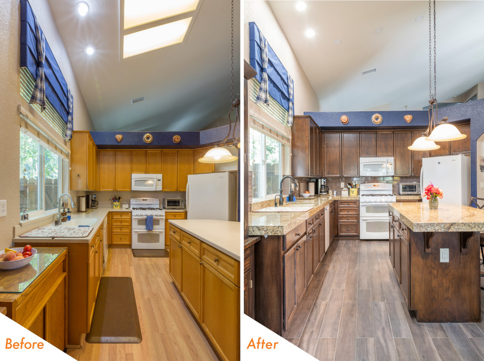 Example of a classic porcelain tile and brown floor kitchen design in Sacramento with an undermount sink, dark wood cabinets, granite countertops, brown backsplash, ceramic backsplash, white appliances, an island and brown countertops