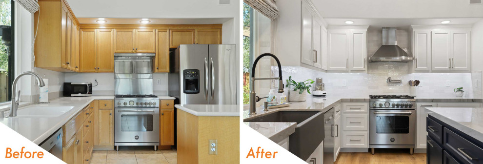 Example of a trendy brown floor eat-in kitchen design in San Francisco with a farmhouse sink, shaker cabinets, white cabinets, quartzite countertops, white backsplash, ceramic backsplash, stainless steel appliances, an island and white countertops