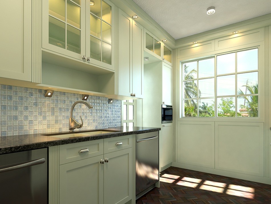 Inredning av ett modernt mellanstort kök, med en dubbel diskho, skåp i shakerstil, gröna skåp, granitbänkskiva, flerfärgad stänkskydd, stänkskydd i mosaik, rostfria vitvaror, plywoodgolv och flerfärgat golv