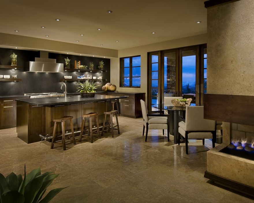 Inspiration for a large contemporary single-wall marble floor open concept kitchen remodel in Miami with a double-bowl sink, open cabinets, dark wood cabinets, marble countertops, stone slab backsplash, stainless steel appliances and an island