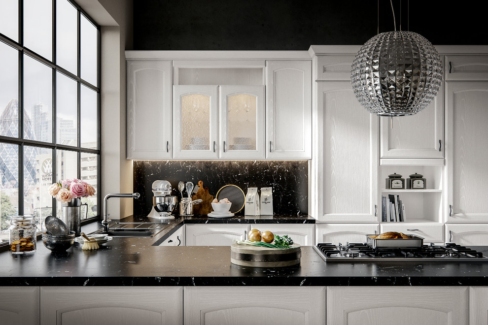 Design ideas for a medium sized classic galley kitchen/diner in San Diego with an integrated sink, beaded cabinets, white cabinets, quartz worktops, black splashback, slate splashback, white appliances, light hardwood flooring and brown floors.