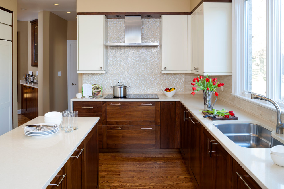 Example of a classic dark wood floor kitchen design in DC Metro with an undermount sink, beige backsplash and an island