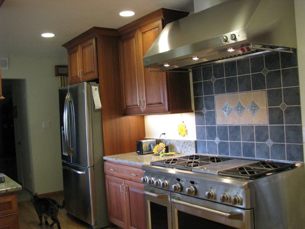 Amerikansk inredning av ett u-kök, med skåp i mellenmörkt trä, granitbänkskiva, blått stänkskydd, stänkskydd i keramik och rostfria vitvaror