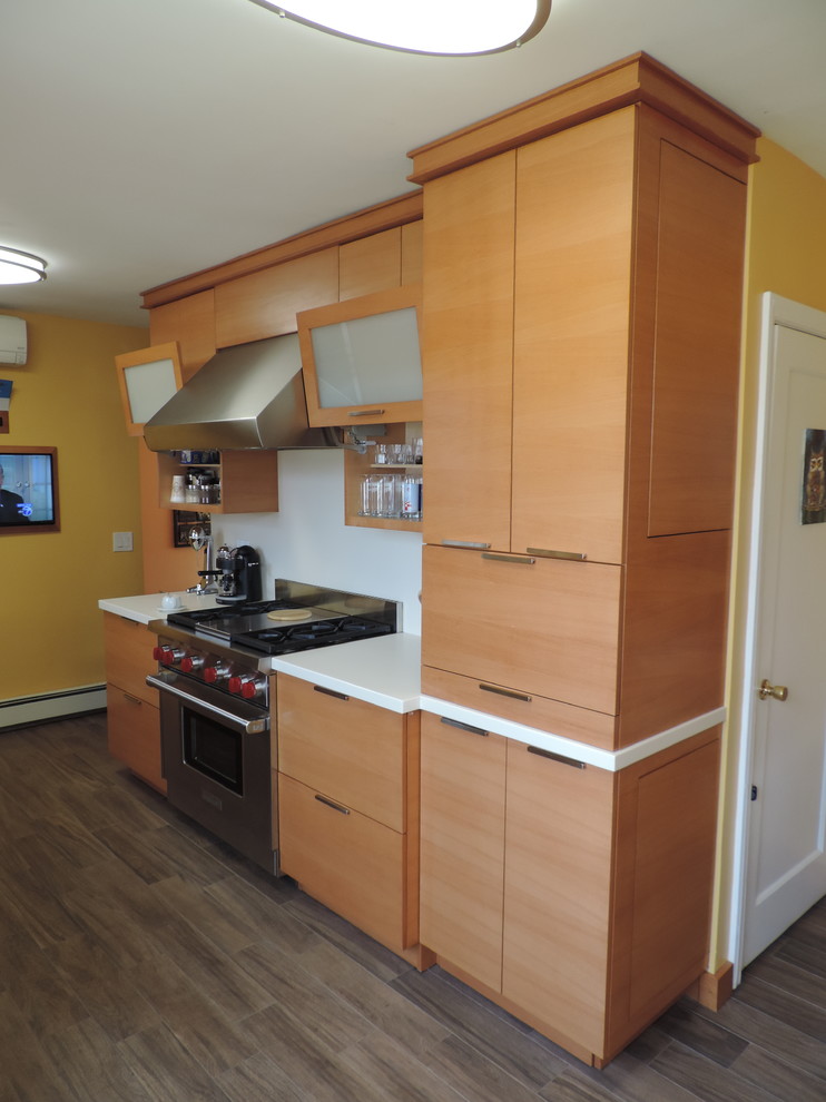 Mittelgroße Moderne Wohnküche mit flächenbündigen Schrankfronten, hellen Holzschränken, Küchengeräten aus Edelstahl und Vinylboden in New York