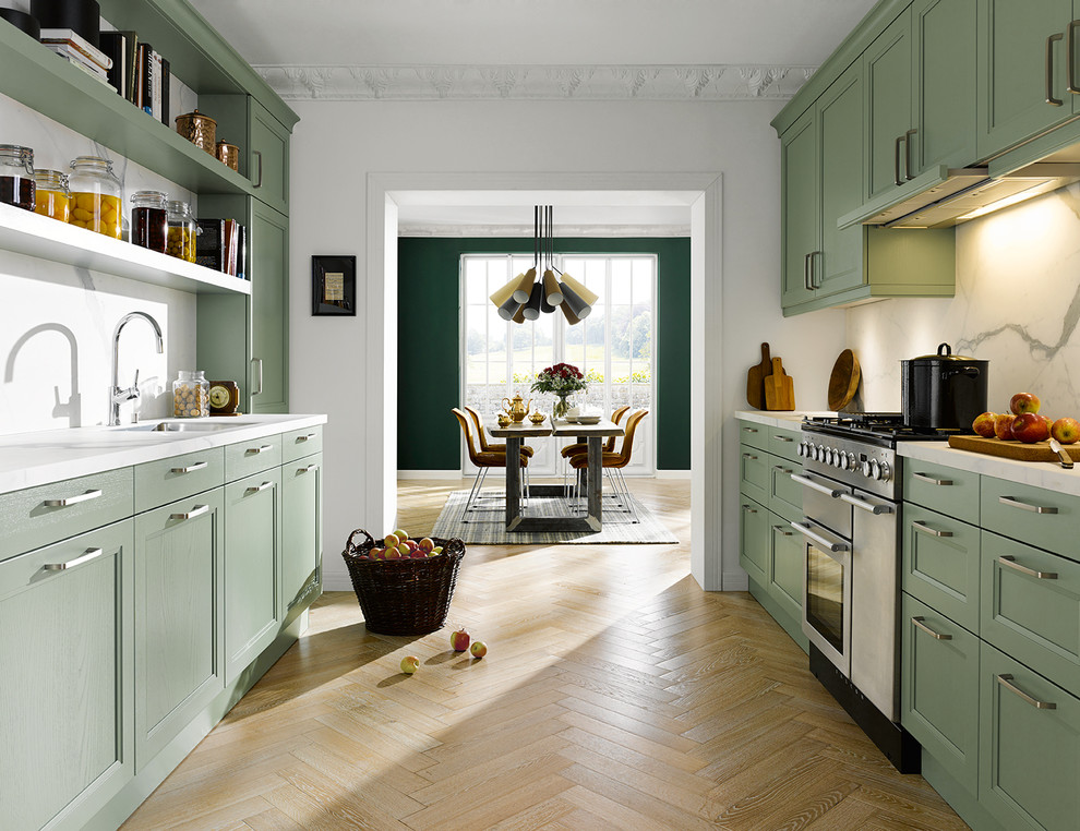 Large traditional galley enclosed kitchen in Other with a submerged sink, recessed-panel cabinets, green cabinets, stainless steel appliances and medium hardwood flooring.