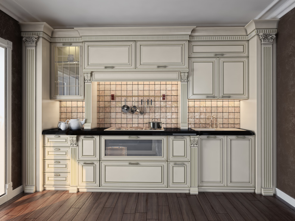 Design ideas for a medium sized mediterranean single-wall kitchen in Other with beige splashback, a double-bowl sink, raised-panel cabinets, white cabinets, composite countertops, ceramic splashback, integrated appliances and vinyl flooring.