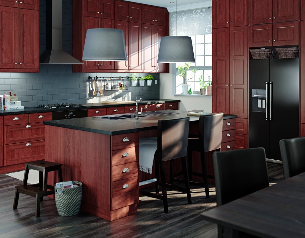 Kitchen - contemporary dark wood floor kitchen idea in Other with a double-bowl sink, medium tone wood cabinets, gray backsplash, subway tile backsplash and black appliances