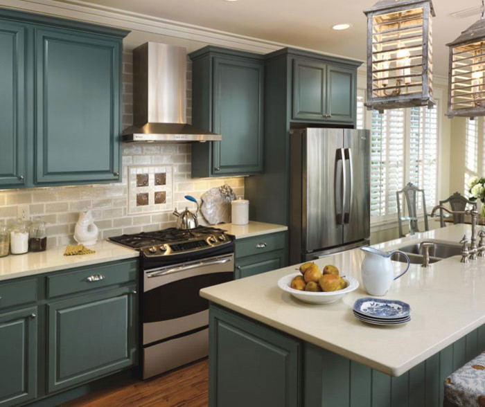 Example of a small classic l-shaped medium tone wood floor and brown floor eat-in kitchen design in Philadelphia with a double-bowl sink, raised-panel cabinets, blue cabinets, quartz countertops, gray backsplash, brick backsplash, stainless steel appliances and an island