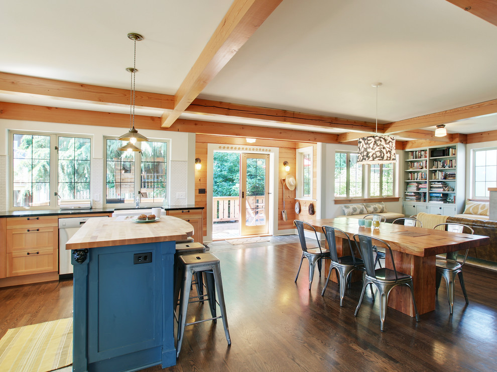 Inspiration for a classic kitchen in Seattle with wood worktops and light wood cabinets.