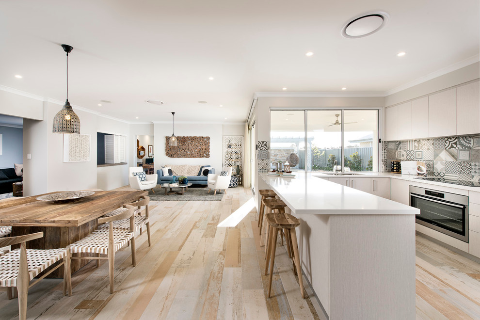 Design ideas for a medium sized scandi u-shaped kitchen in Perth with flat-panel cabinets, white cabinets, multi-coloured splashback and light hardwood flooring.